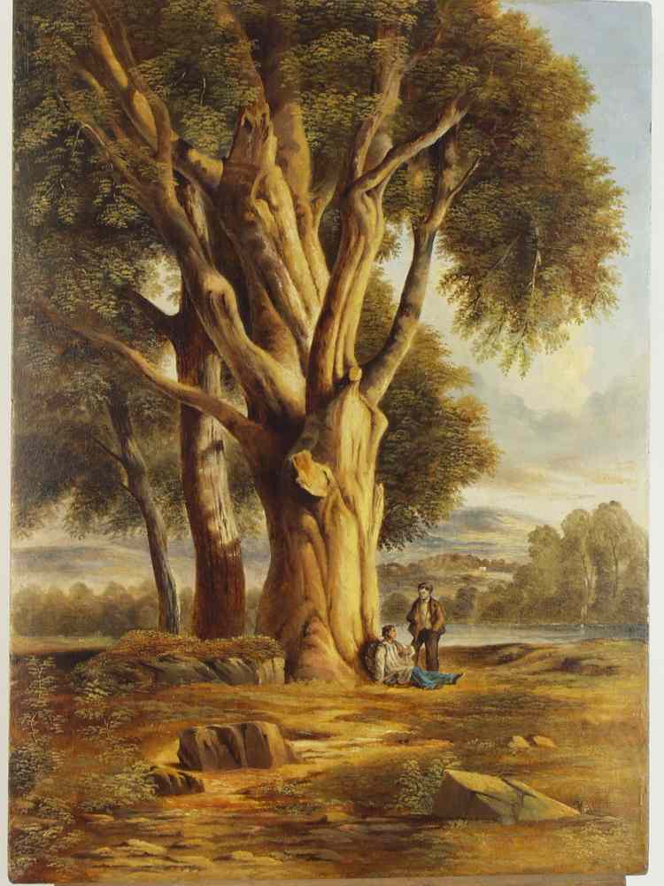 Appraisal: OOP- Rustic depiction of two men resting under massive tree