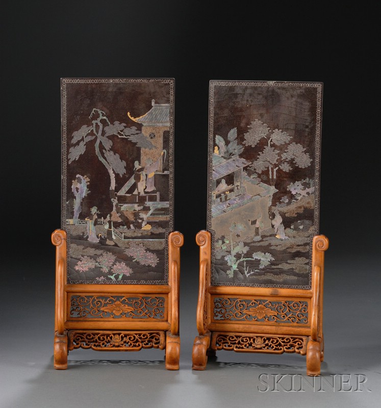 Appraisal: Pair of Table Screens China th century lac burgaute landscape