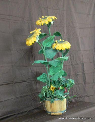 Appraisal: Silk Plastic Sunflower Ivy Plant in Wood Pail - nice