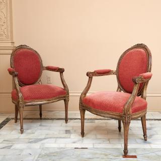 Appraisal: Pair Louis XVI style gray painted fauteuils Pair Louis XVI