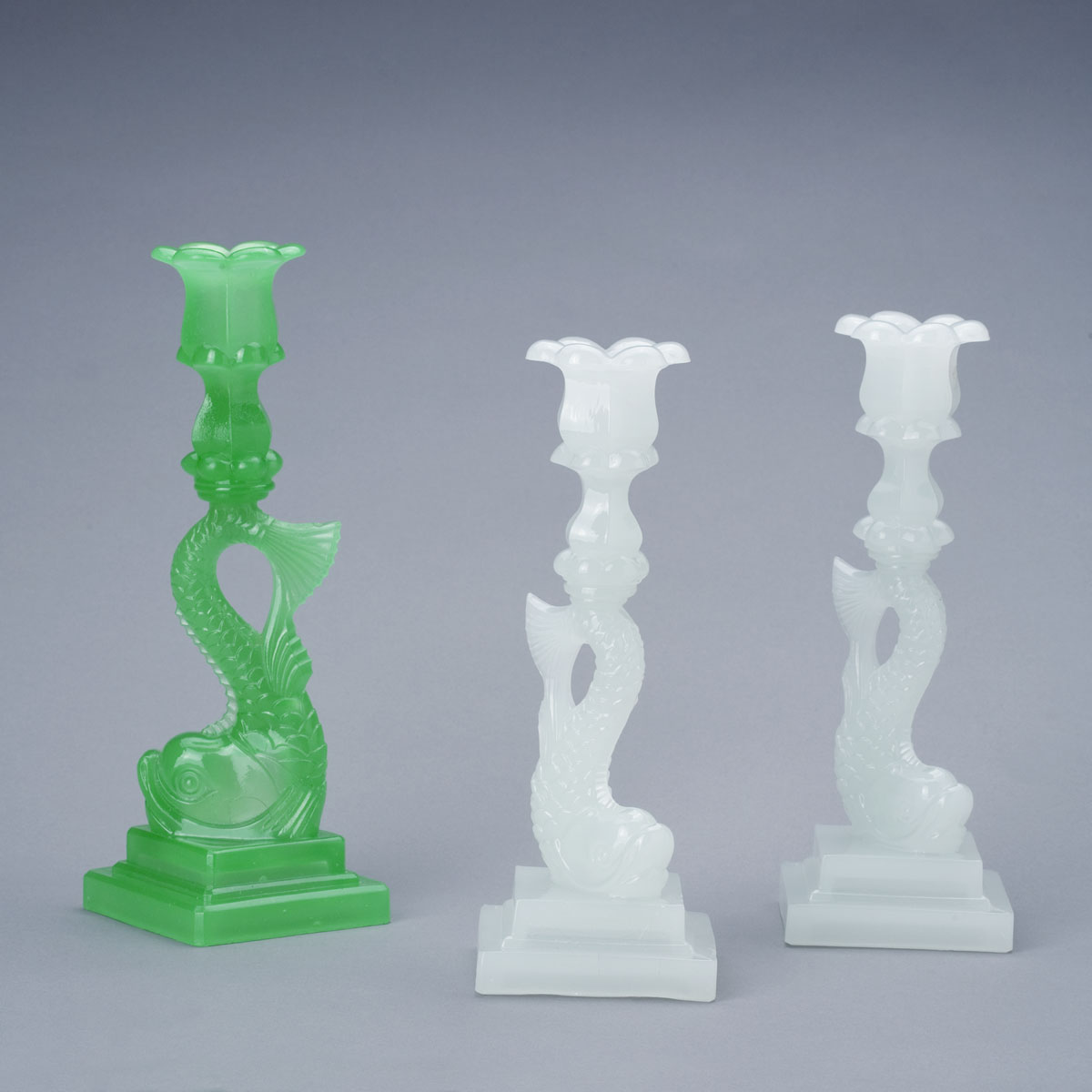 Appraisal: RARE PRESSED TRANSLUCENT OPAQUE GREEN DOLPHIN CANDLESTICK BOSTON AND SANDWICH