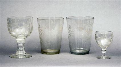 Appraisal: Two Etched Flip Glasses Together with two goblets etched with