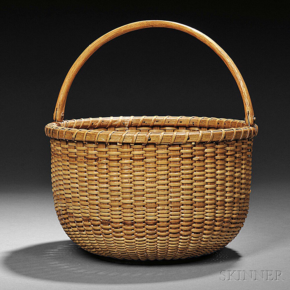 Appraisal: Deep Round Swing-handled Nantucket Basket Frederick Chadwick early th century