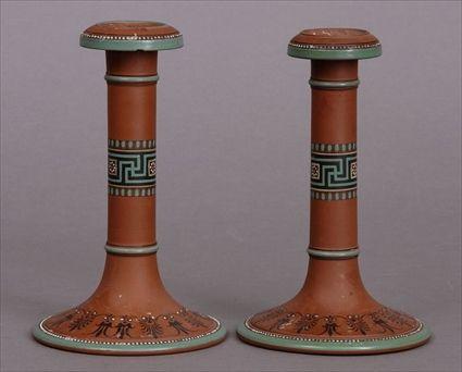 Appraisal: Pair of Aesthetic Movement Terracotta Candlesticks Attributed to Watcombe Torquay