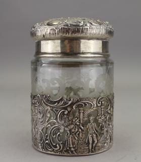 Appraisal: Glass Jar w Carved Sterling Silver Overlay Glass Jar w