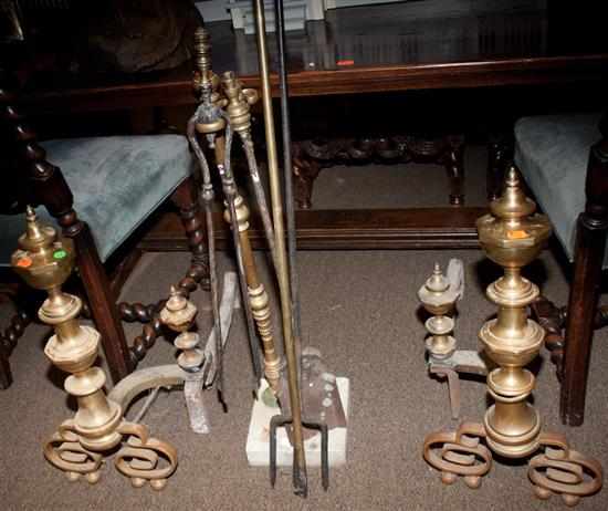 Appraisal: Pair of Victorian brass and wrought iron andirons and a