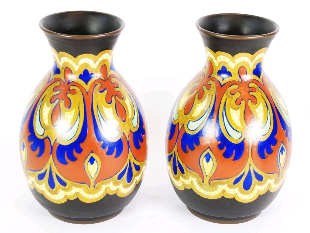 Appraisal: PAIR OF PRE-WAR GOUDA POTTERY SWOLLEN OVOID VASES with trumpet