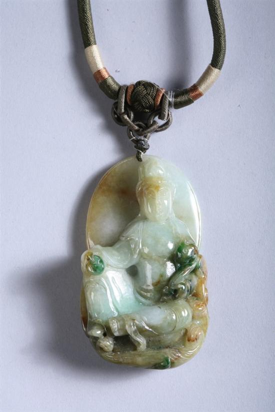 Appraisal: CHINESE EMERALD APPLE GREEN CELADON AND RUSSET JADE GUANYIN PENDANT