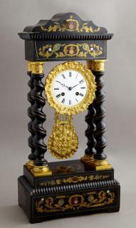 Appraisal: French Ebonized Inlaid Boulle Portico Clock c French Ebonized Inlaid