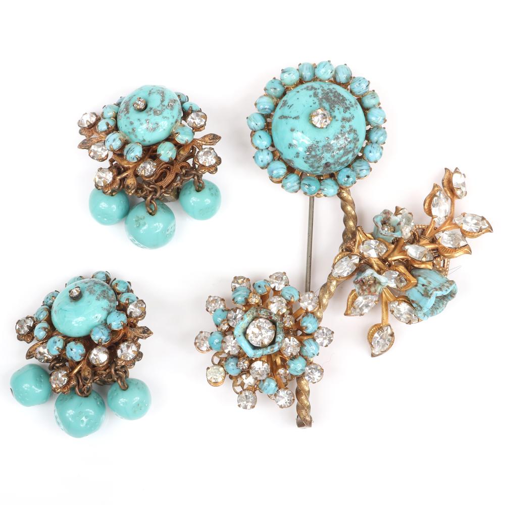 Appraisal: MIRIAM HASKELL FLOWER PIN AND EARRINGS WITH MARBLED SPECKLED TURQUOISE