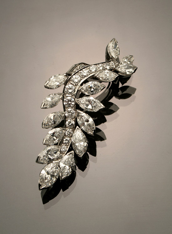 Appraisal: Platinum and Diamond 'Leaf' Brooch Set with fifteen marquise faceted