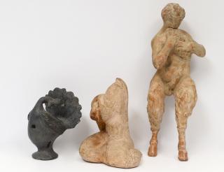 Appraisal: GROUP OF THREE POTTERY ARTICLES Comprising peacock form whistle figure