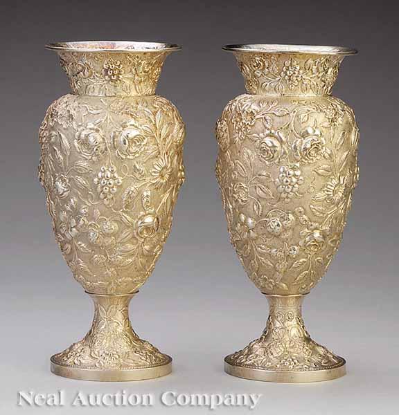 Appraisal: A Fine Pair of Antique American Sterling Silver Repouss Vases