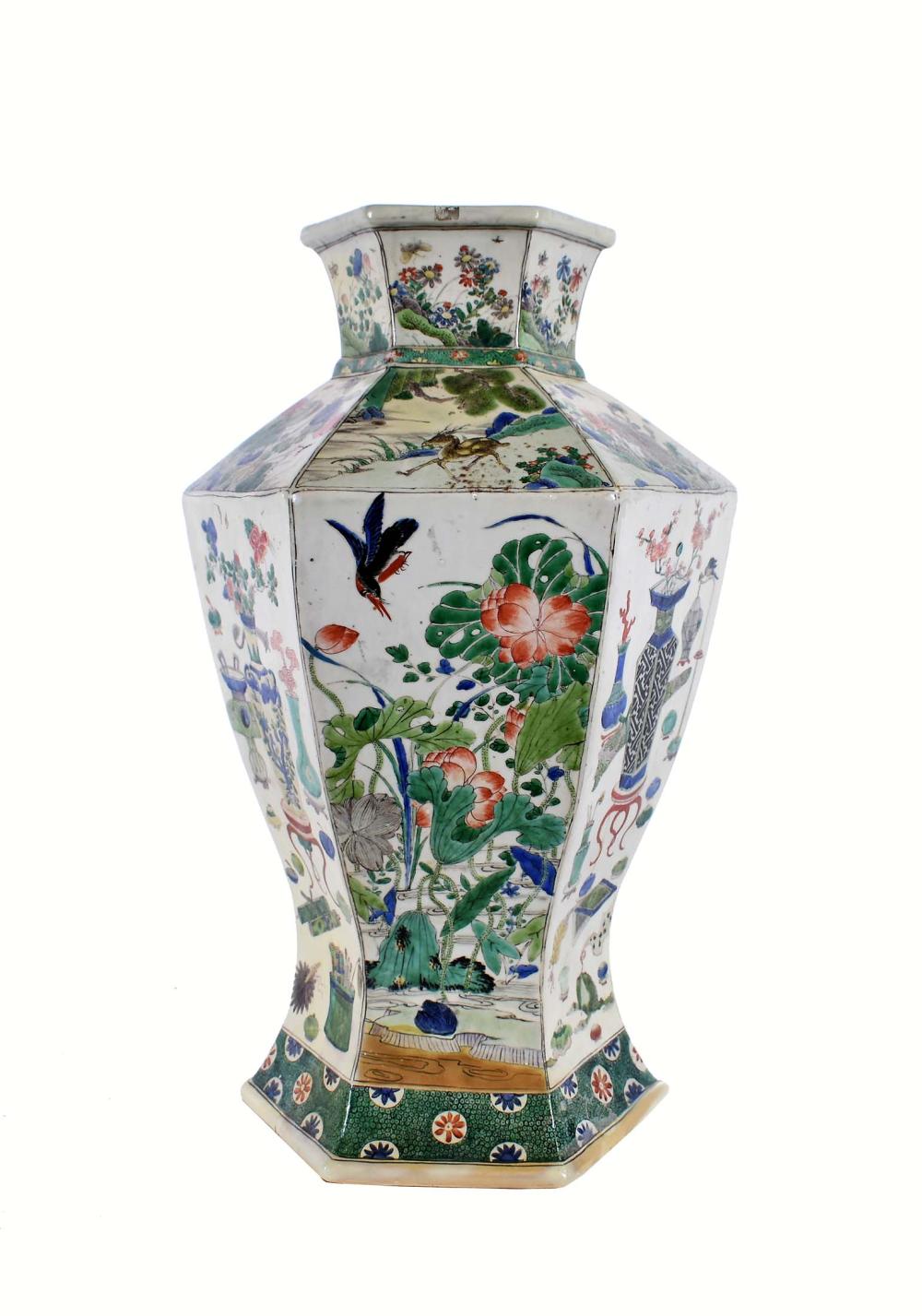 Appraisal: HEXAGONAL FAMILLE VERTE COVERED VASE th Century Each side elaborately