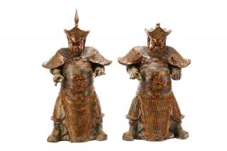 Appraisal: Pair Japanese Carved Polychrome Wood Guardians Japanese th century Pair