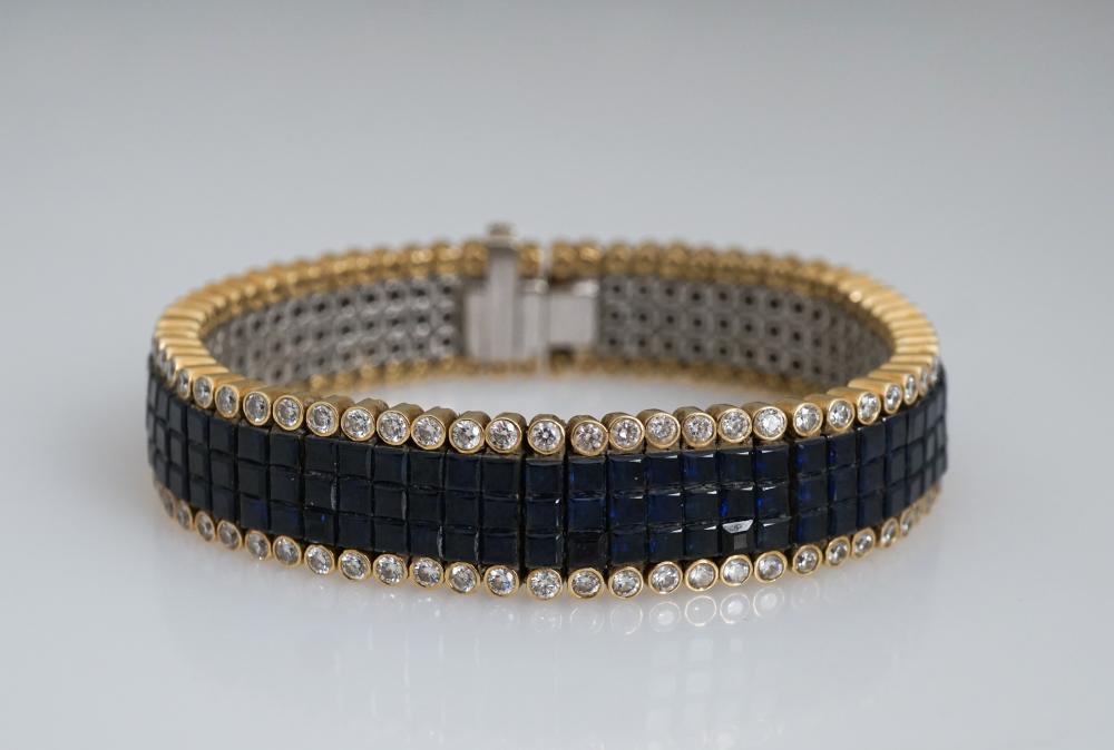 Appraisal: TESTED -KARAT YELLOW-GOLD WHITE-GOLD BLUE SAPPHIRE AND DIAMOND BRACELETTested -Karat