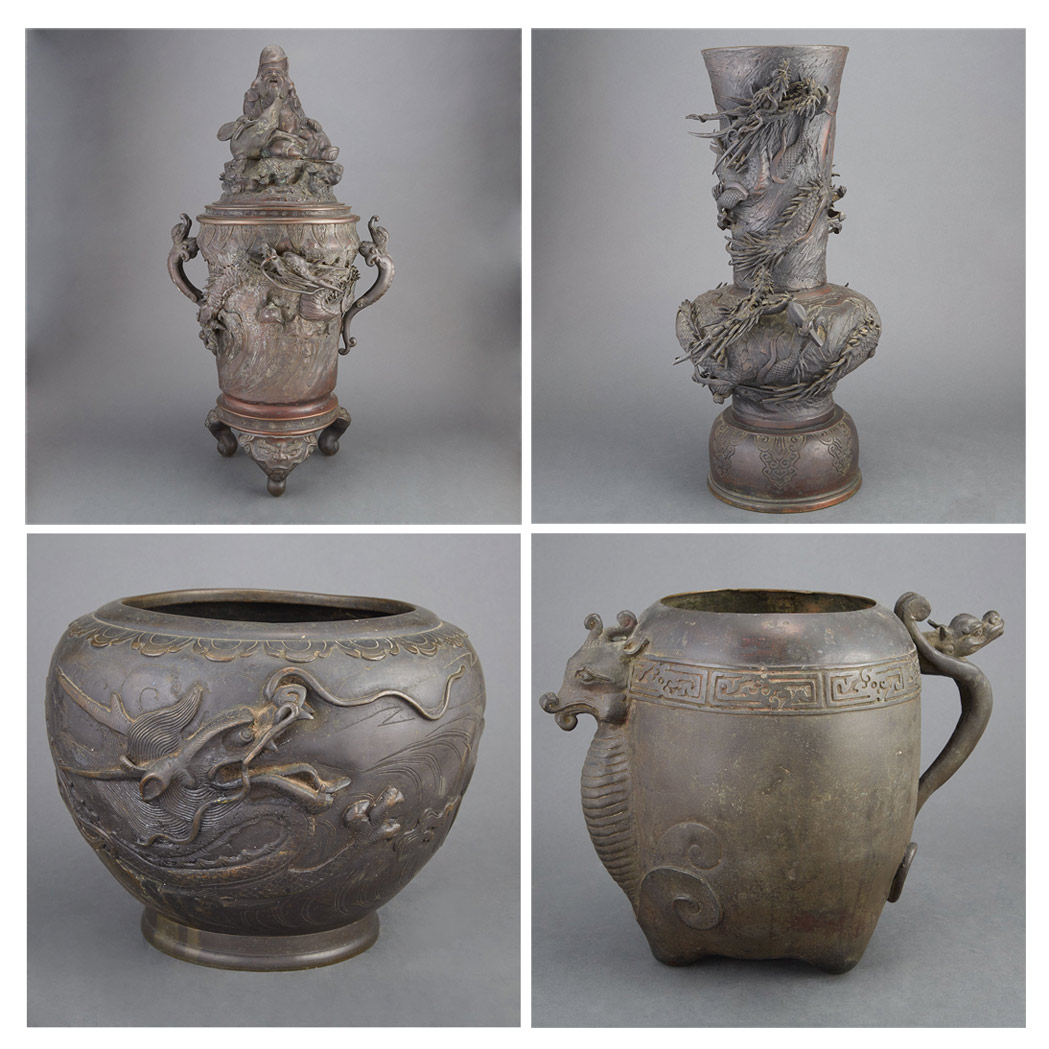 Appraisal: Group of Four Japanese Bronzes Comprising three vases and a