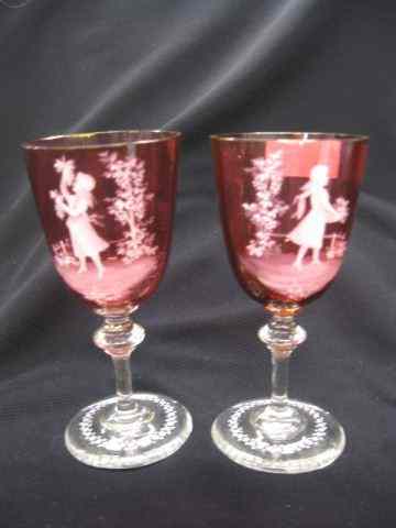 Appraisal: Pair of Mary Gregory Cranberry Glass Goblets girls picking flowersa