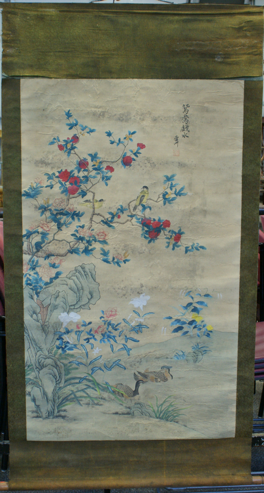 Appraisal: Chinese painted silk scroll depicting Mandarin ducks x th c