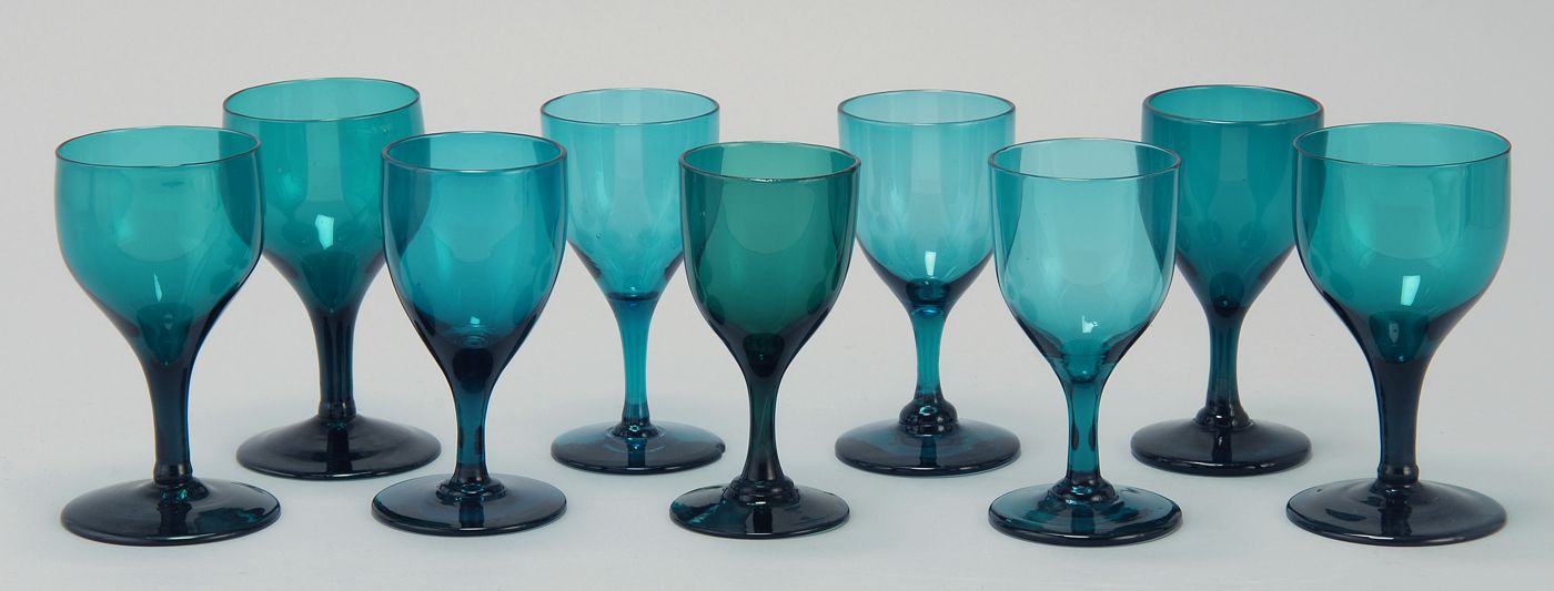 Appraisal: SET OF NINE BRISTOL FREE-BLOWN GREEN GLASS BRANDY GLASSES Late