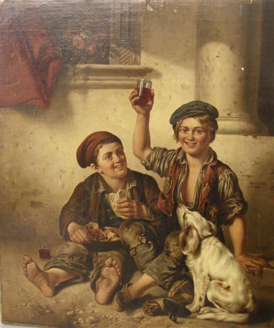 Appraisal: F Gonne th century German School two young boys drinking