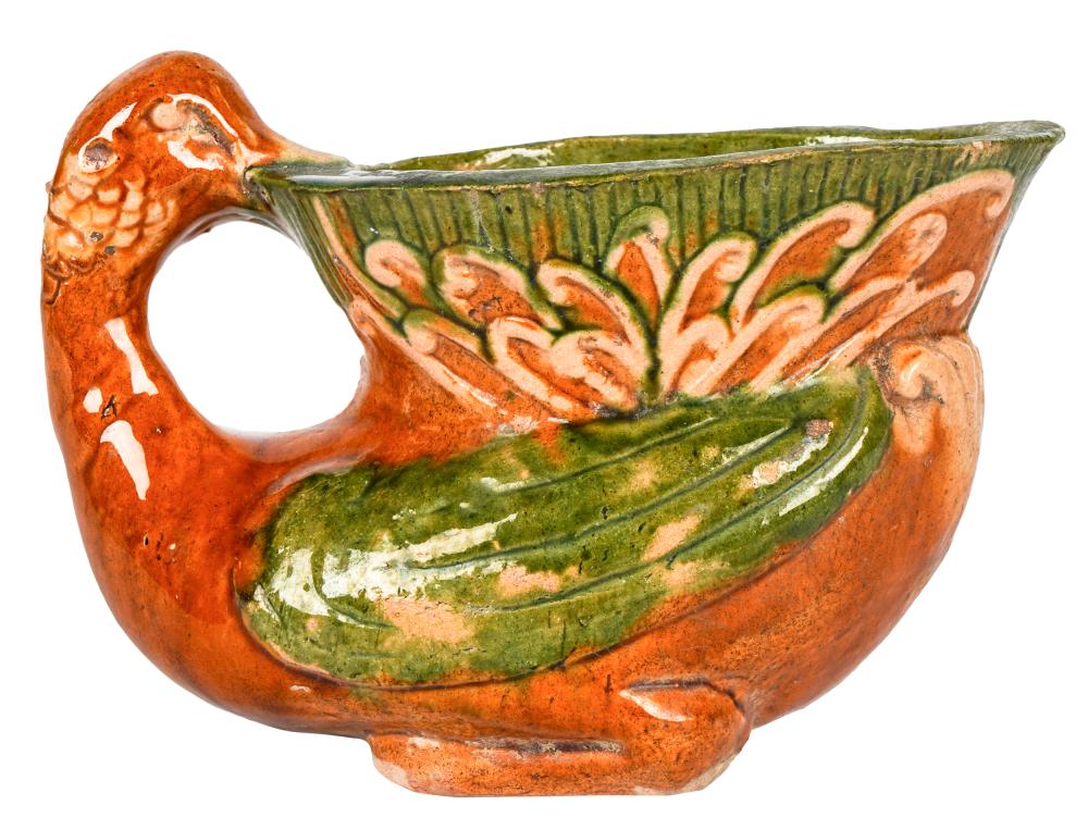 Appraisal: CHINESE GLAZED POTTERY PITCHERunmarked modeled as a duck inches wide