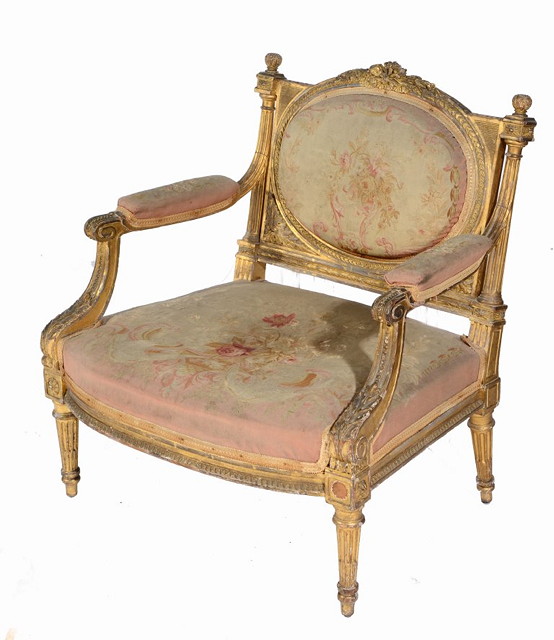 Appraisal: A FRENCH GILT SALON CHAIR with acanthus and running border