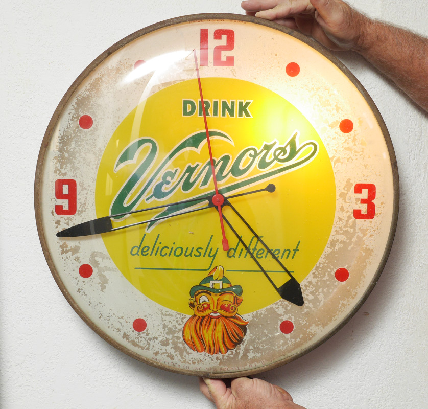 Appraisal: VERNORS LIGHT UP ADVERTISING WALL CLOCK Back lit glass dial