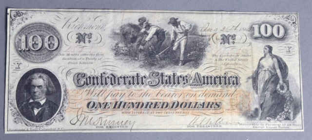 Appraisal: Confederate States Note T- Dated August XF-AU Three interest stamps