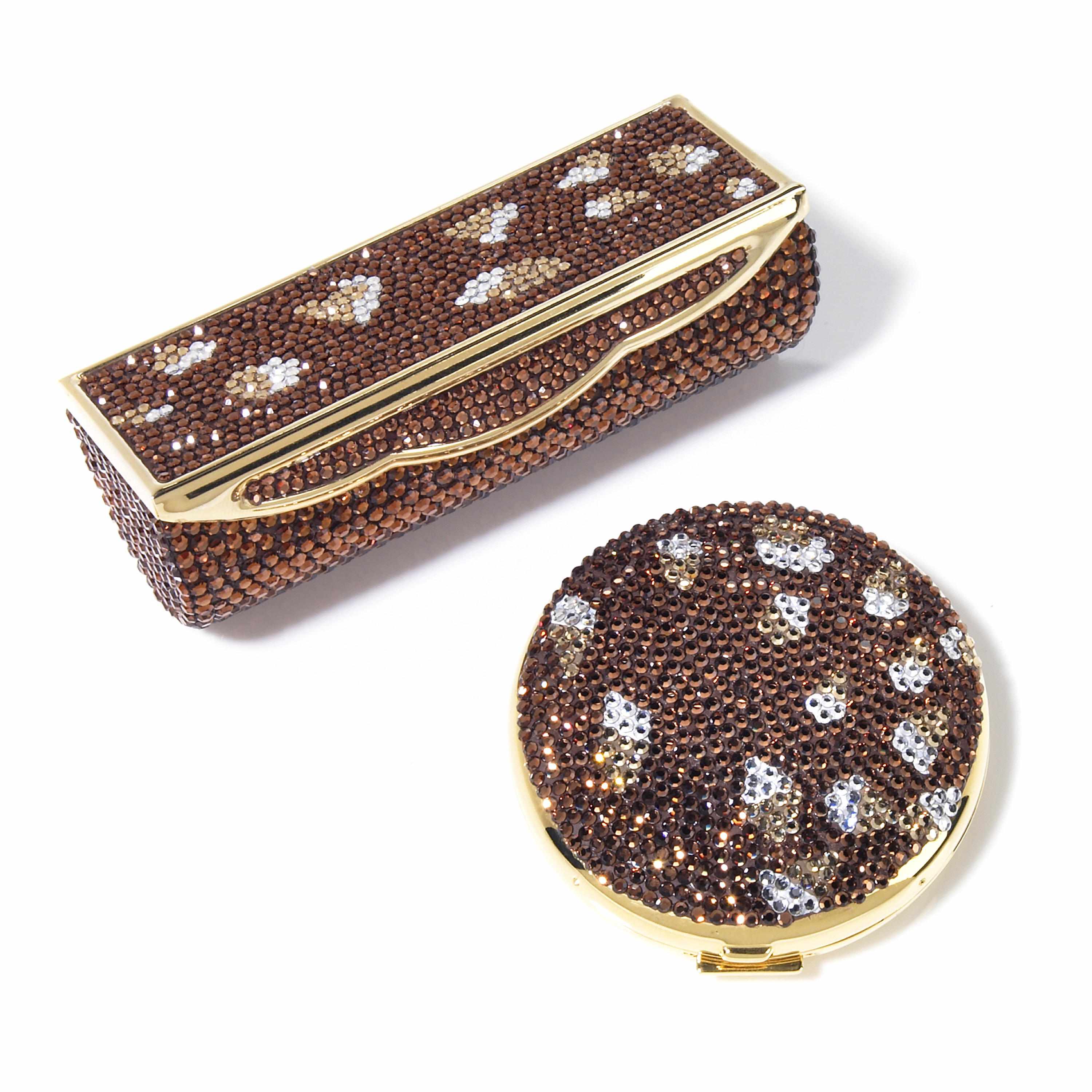 Appraisal: A brown and white crystal compact and matching lipstick container