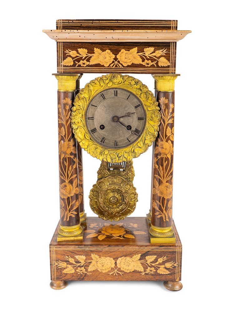 Appraisal: A French Marquetry Inlaid Portico Clock Height inches A French