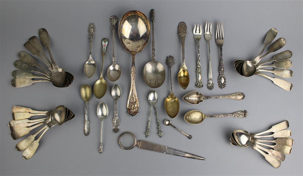 Appraisal: SIXTY-NINE PIECES SILVER COIN AND PLATED FLATWARE including apostle demitasse