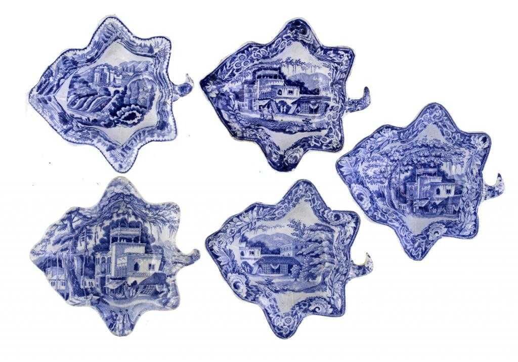 Appraisal: FOUR JOHN AND RICHARD RILEY BLUE PRINTED EARTHENWARE PICKLE DISHES