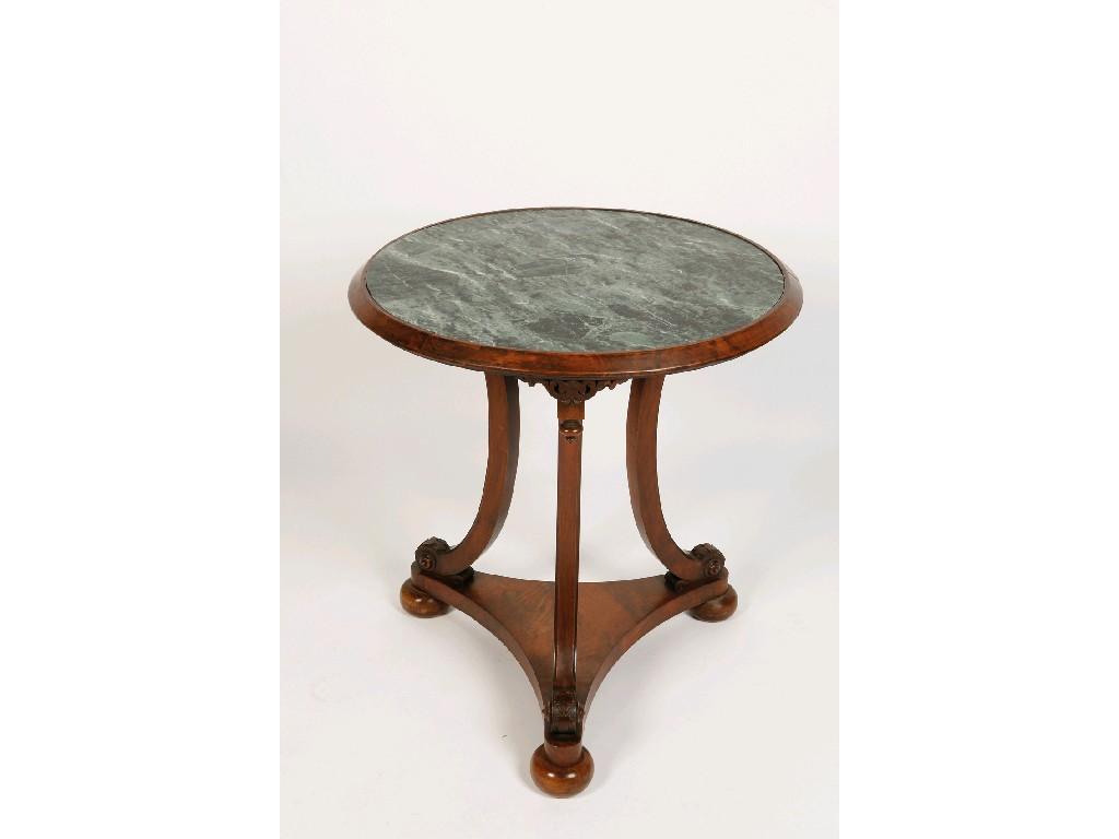 Appraisal: A VICTORIAN MARBLE TOPPED MAHOGANY CENTRE TABLE the circular green