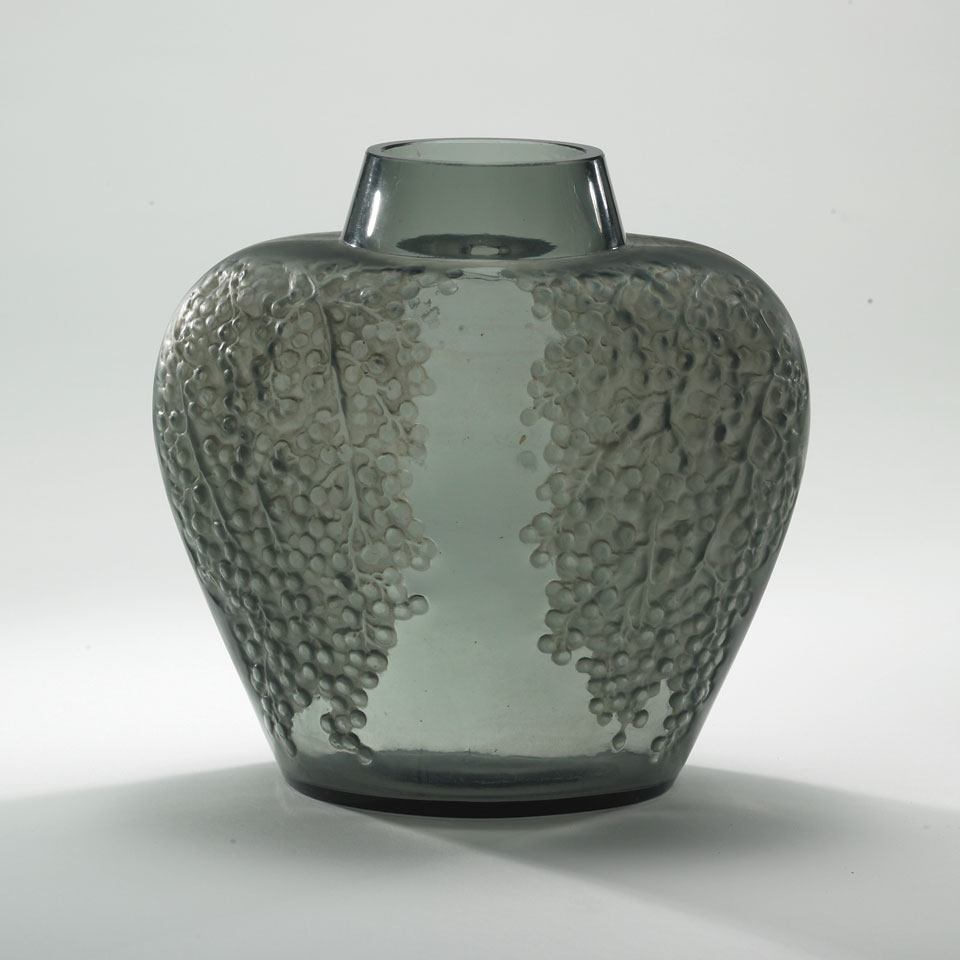 Appraisal: Poivre Lalique Moulded and Frosted Grey Glass Vase c acid