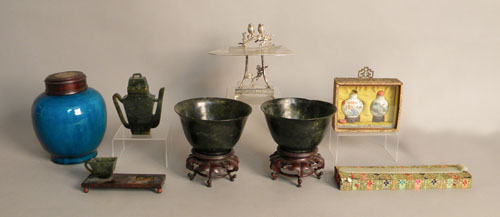 Appraisal: Two Jade bowls ginger jar two perfume bottles in case