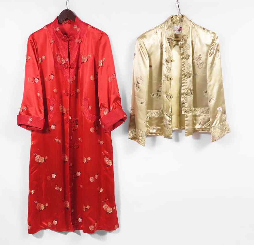 Appraisal: CHINESE SILK JACKET AND LONG COAT The green jacket bears