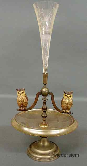 Appraisal: Metal centerpiece epergne th c with Vienna bronze owls perched