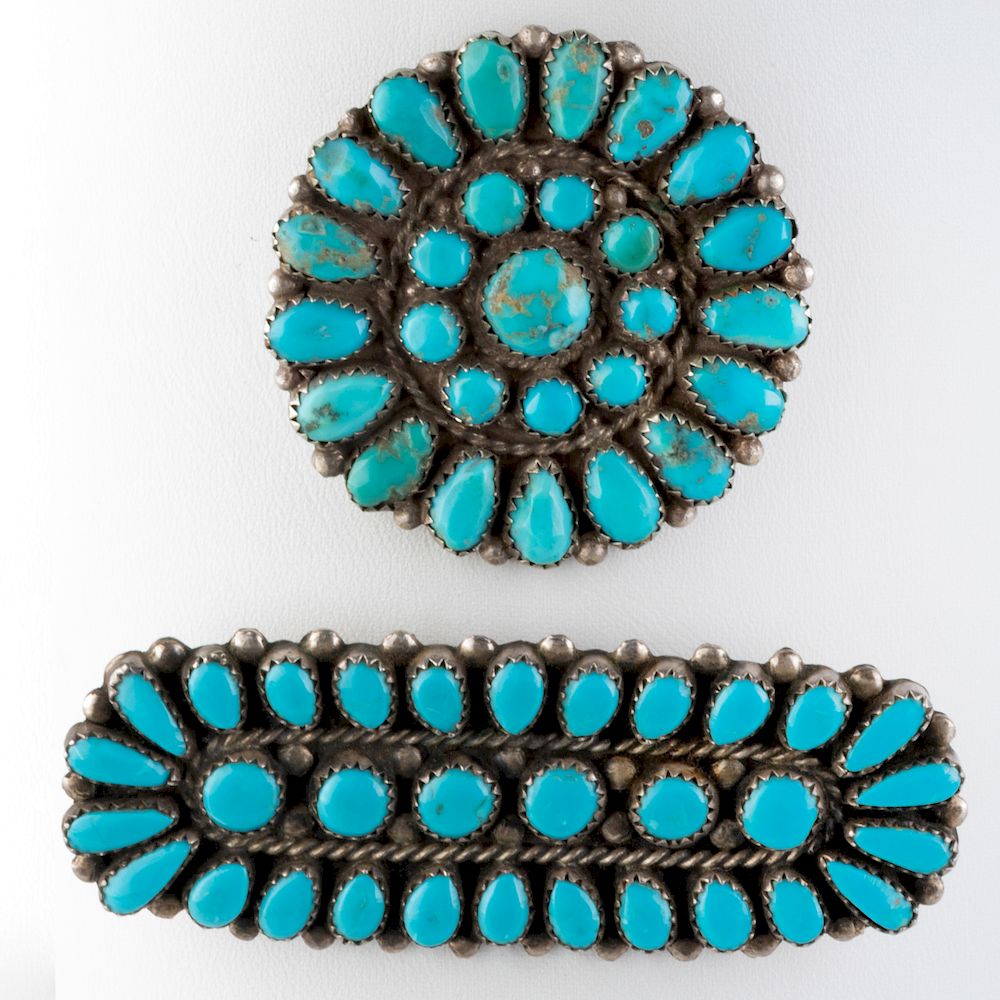 Appraisal: Two Native American Silver and Turquoise Brooches in in diam