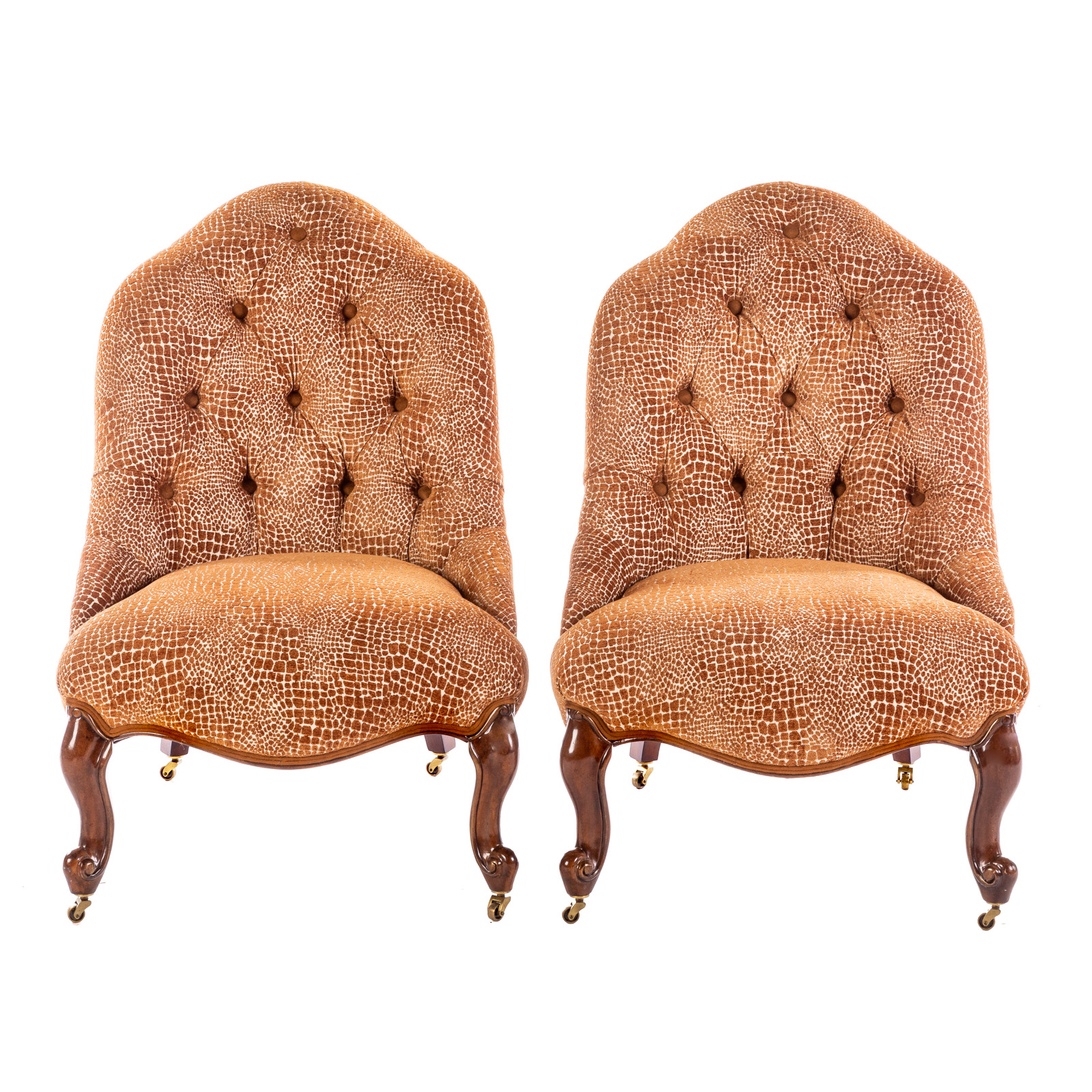 Appraisal: A PAIR OF VICTORIAN STYLE UPHOLSTERED CHAIRS Walnut with button