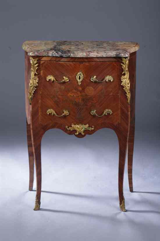 Appraisal: FRENCH TRANSITIONAL LOUIS XV LOUIS XVI STYLE MARBLE-TOP TWO-DRAWER PETITE