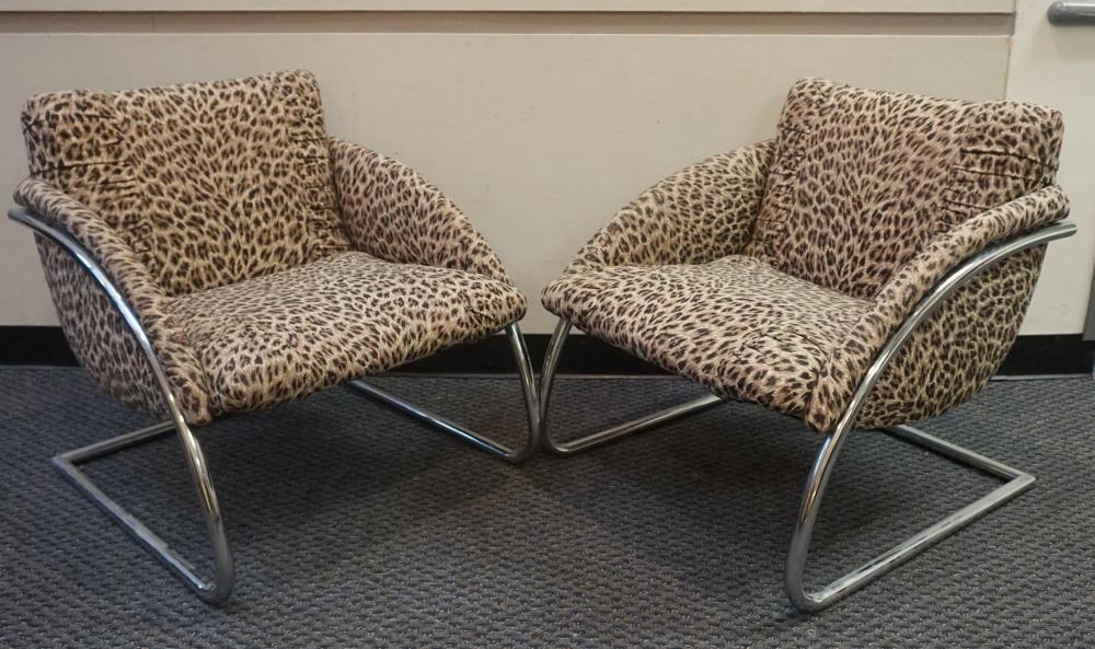 Appraisal: PAIR OF MODERN CHROME PLATED AND LEOPARD PRINT UPHOLSTERED LOUNGE