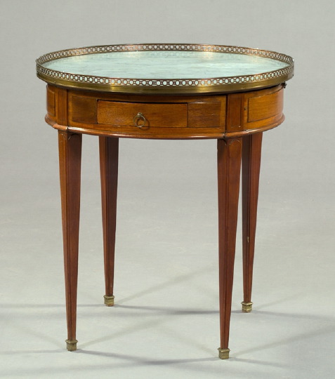 Appraisal: Louis XVI-Style Brass-Mounted Mahogany and Marble-Top Bouillotte Table the circular