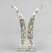 Appraisal: Pair of Carved Bone Tusks Chinese circa th Century Pair