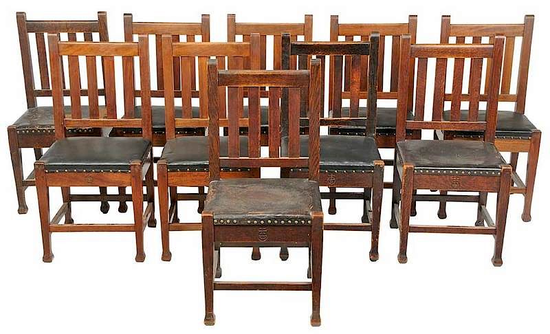 Appraisal: Assembled Set Ten Roycroft Side Chairs American each with branded