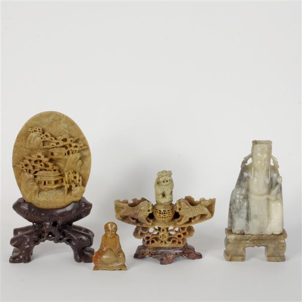 Appraisal: Four Chinese carved soapstone articles inlcuding two statues a censer