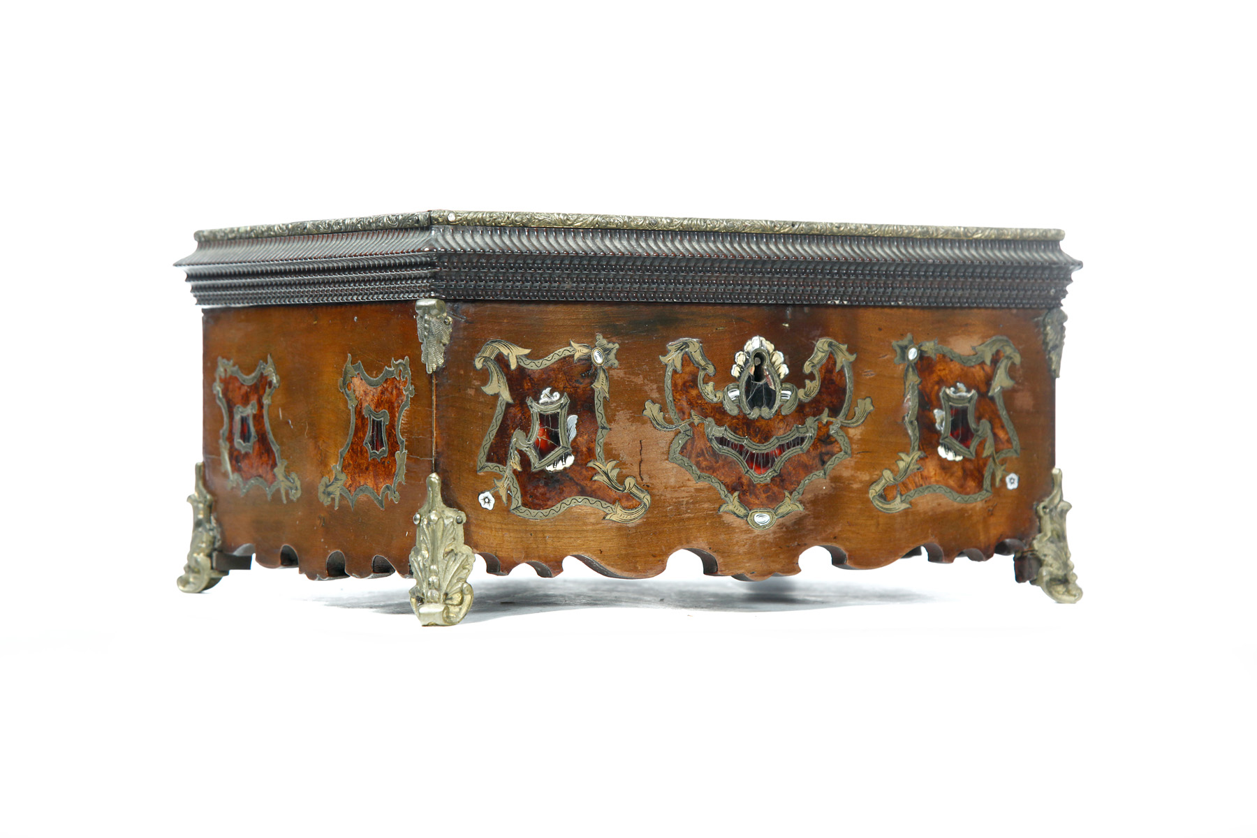 Appraisal: BOULLE-STYLE INLAID BOX European ca Yew wood with finely engraved