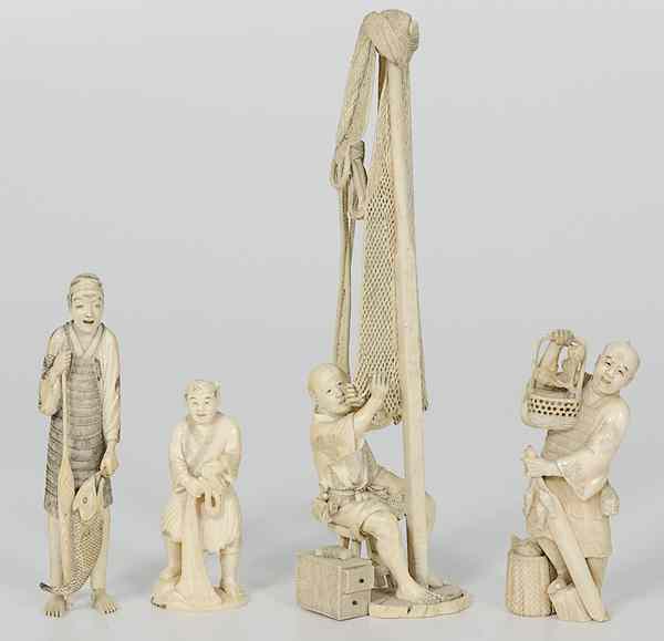 Appraisal: Japanese Okimono Ivory Fishermen Japan An assembled group of four