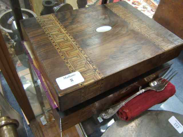 Appraisal: A VICTORIAN WALNUT WORK BOX with parquetry banded decoration containing