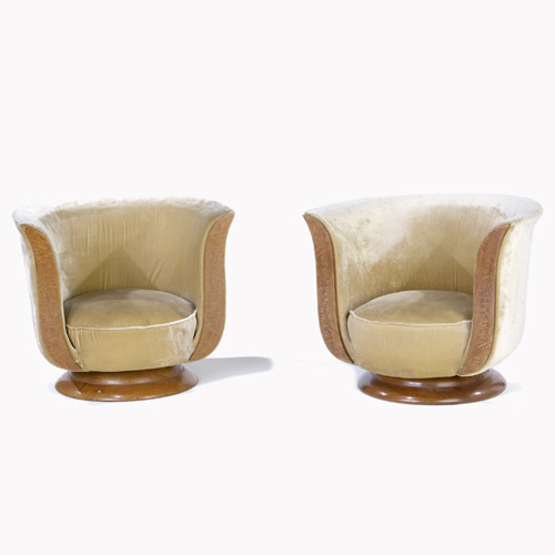 Appraisal: FRENCH ART DECO Pair of armchairs with cream velvet upholstery